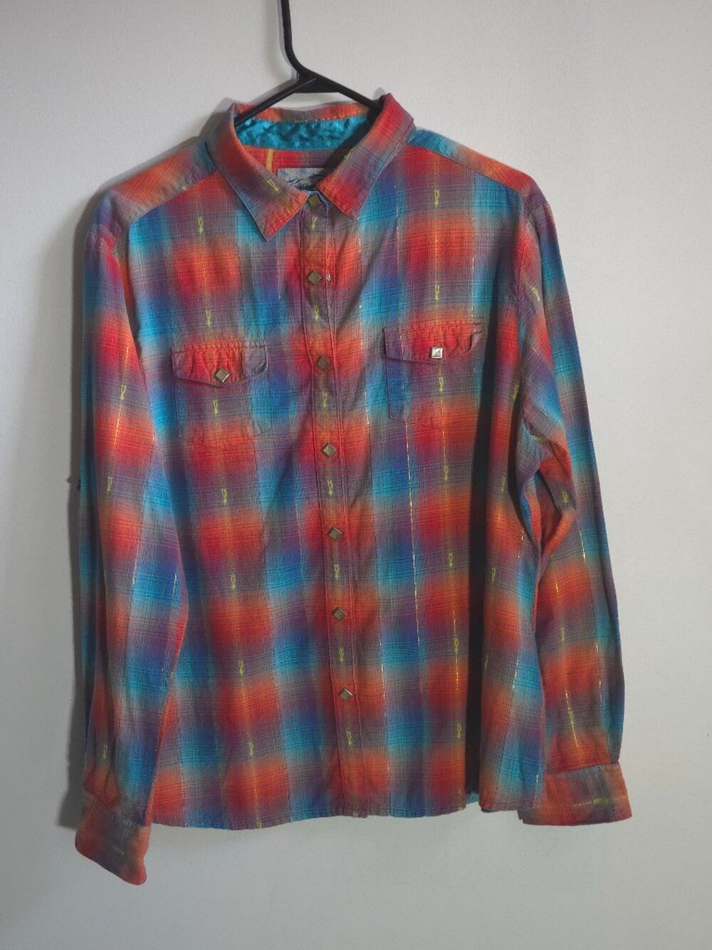 Wrangler Metallic Thread Plaid Western Pearl Snap Shirt XL Turquoise Red
